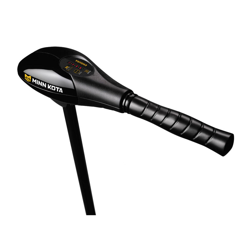 Close-up of the Minn Kota Endura trolling motor head with telescoping tiller handle and push-to-test battery meter.

