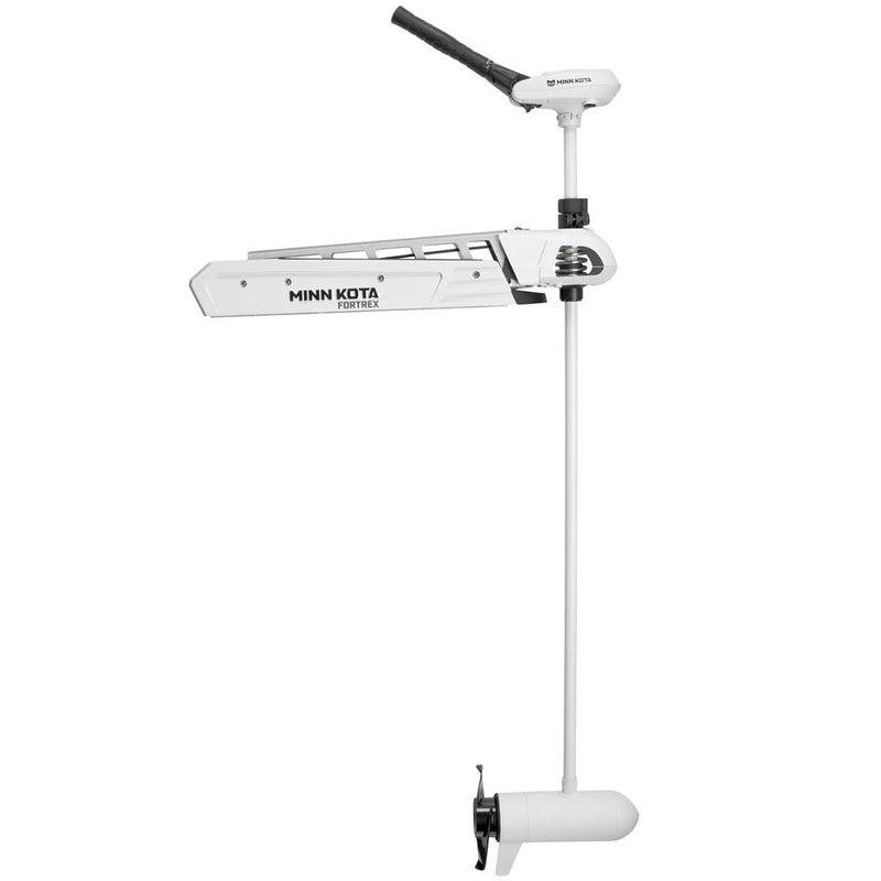 White Minn Kota Riptide Fortrex saltwater trolling motor with tiller handle, bow mount, shaft and propeller.