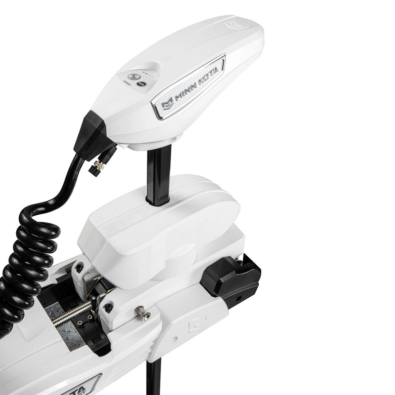 Close-up of the white Minn Kota Riptide Instinct QUEST control head and Power Trim assembly.