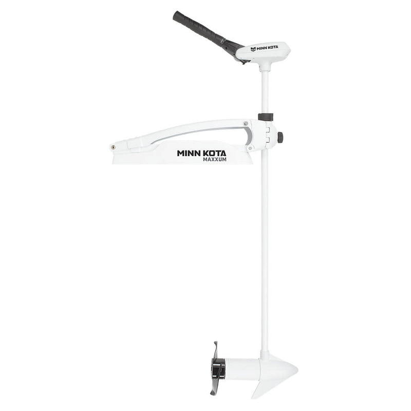 White Minn Kota Riptide Maxxum saltwater trolling motor with tiller handle, bow mount, shaft and propeller.