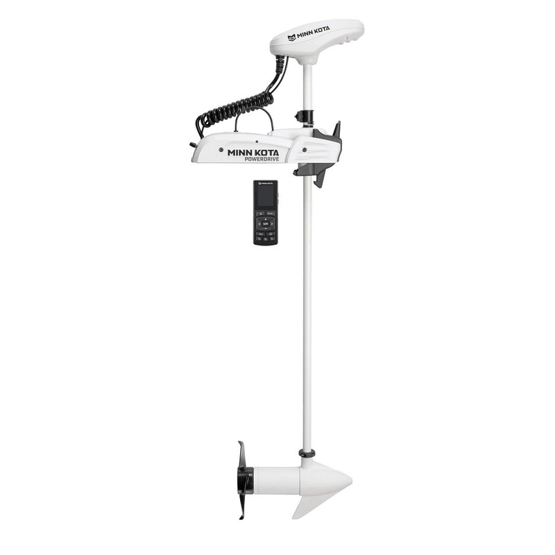 White Minn Kota Riptide PowerDrive saltwater trolling motor with bow mount, shaft, propeller and wireless remote.