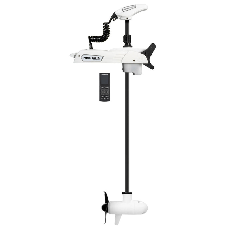 White Minn Kota Riptide Terrova QUEST saltwater trolling motor with black shaft, bow mount and wireless remote.