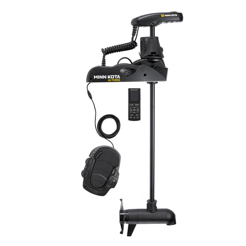 Black Minn Kota Ulterra trolling motor in side profile with wireless remote and corded foot pedal.