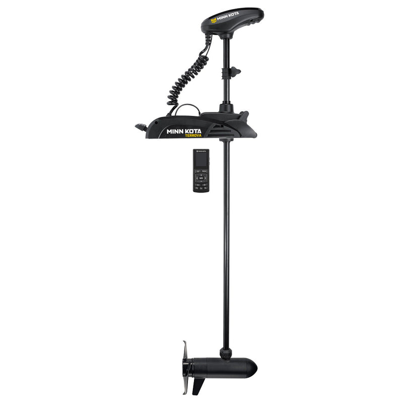  Black Minn Kota Terrova trolling motor in side profile with bow mount and wireless remote.